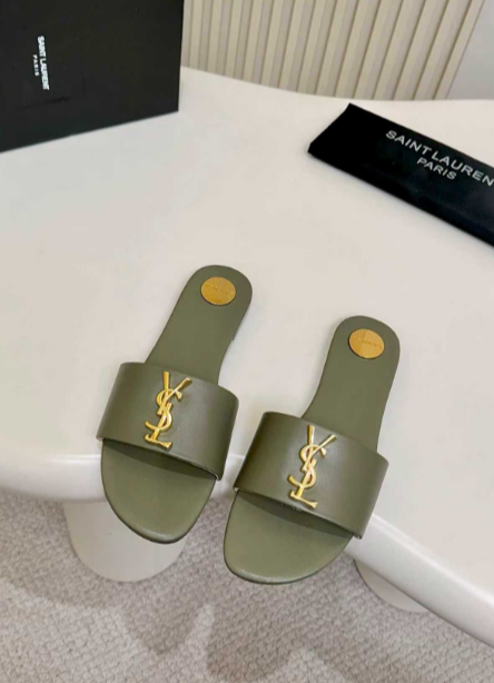 YSL olive logo-strap slides