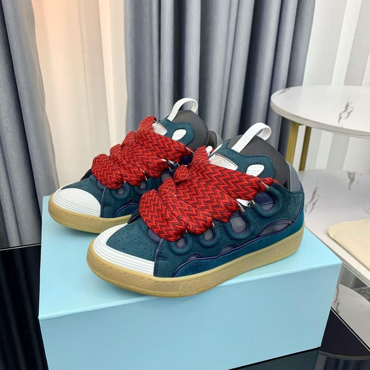 LANVIN teal sneakers with red thick laces