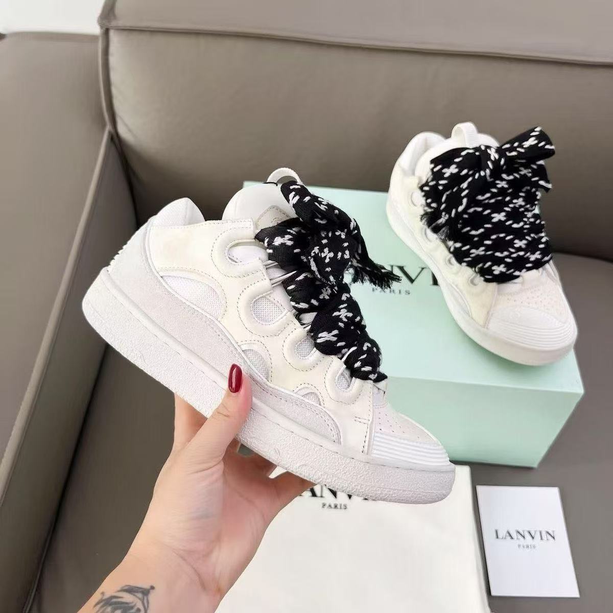 LANVIN white sneakers with black toe and thick black laces