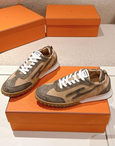 Hermes olive and tan patterned sneakers