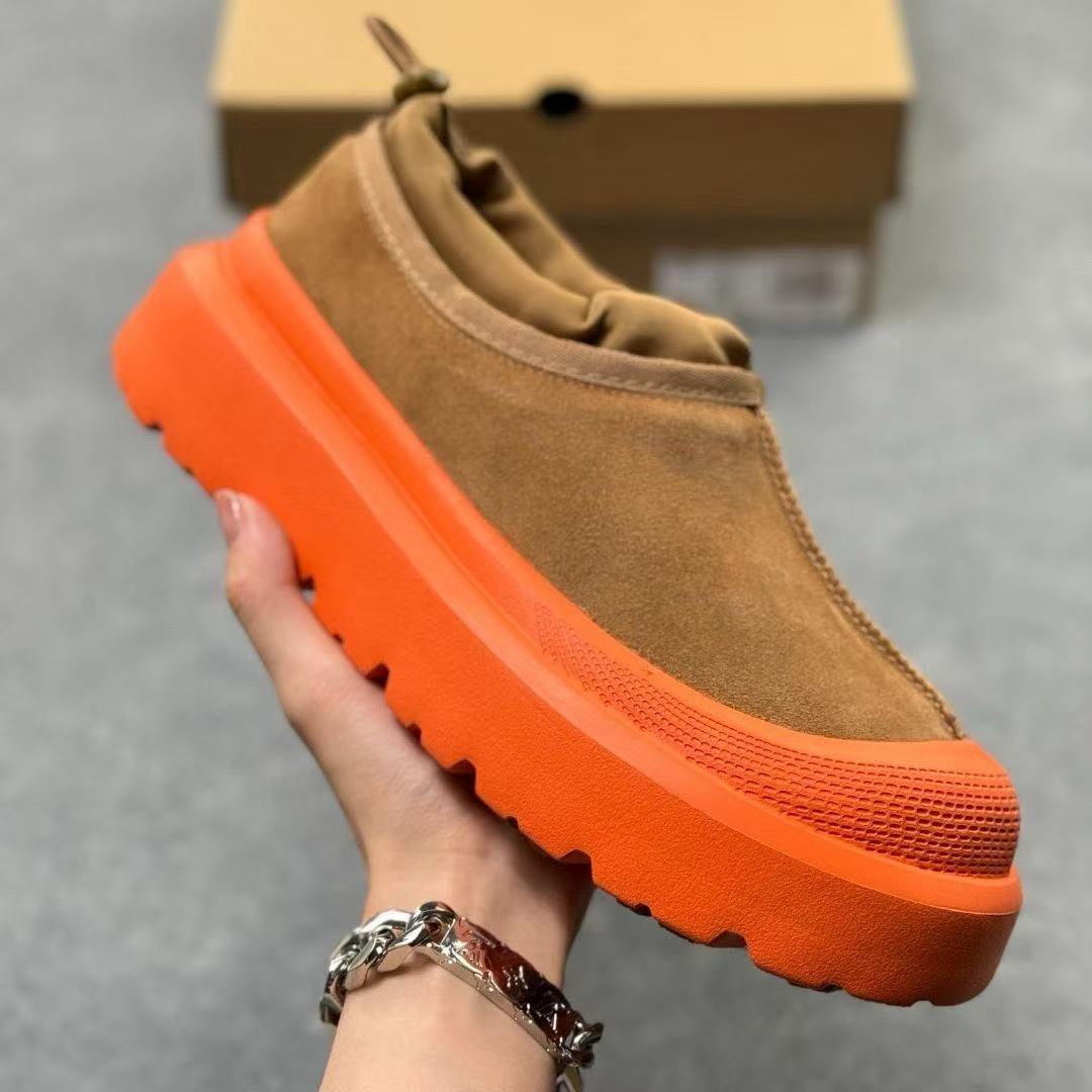 UGG chestnut slip-on clogs with orange platform sole