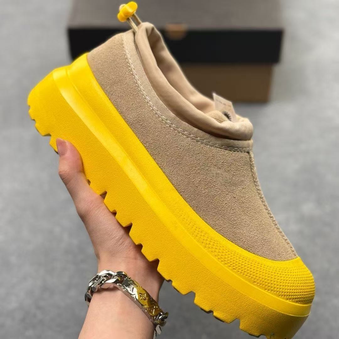 UGG taupe slip-on clogs with yellow platform sole