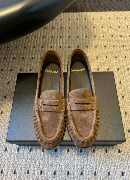YSL taupe textured loafers