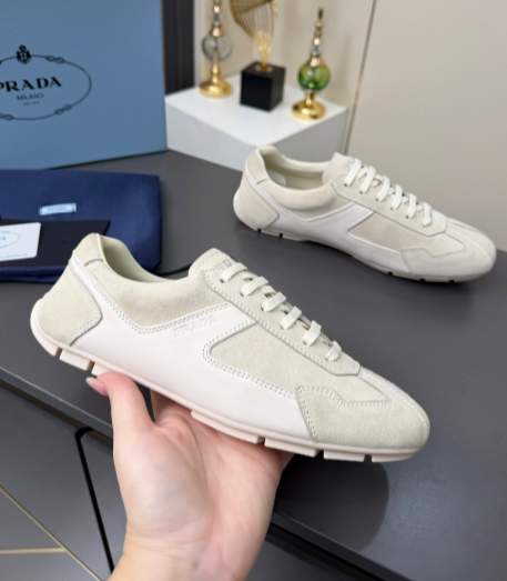 Prada cream grey-paneled lace-up sneakers