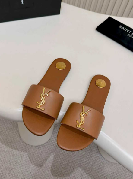 YSL tan logo-strap slides