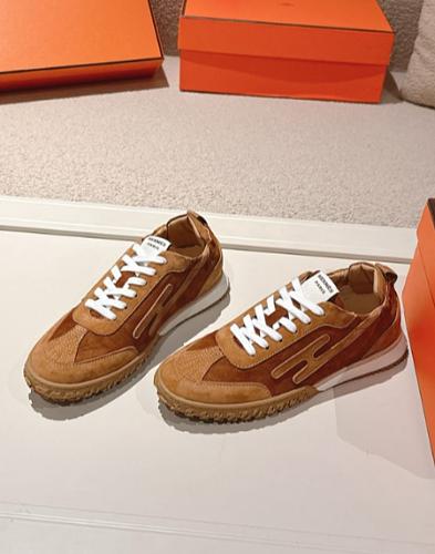 Hermes brown patterned gum-sole sneakers