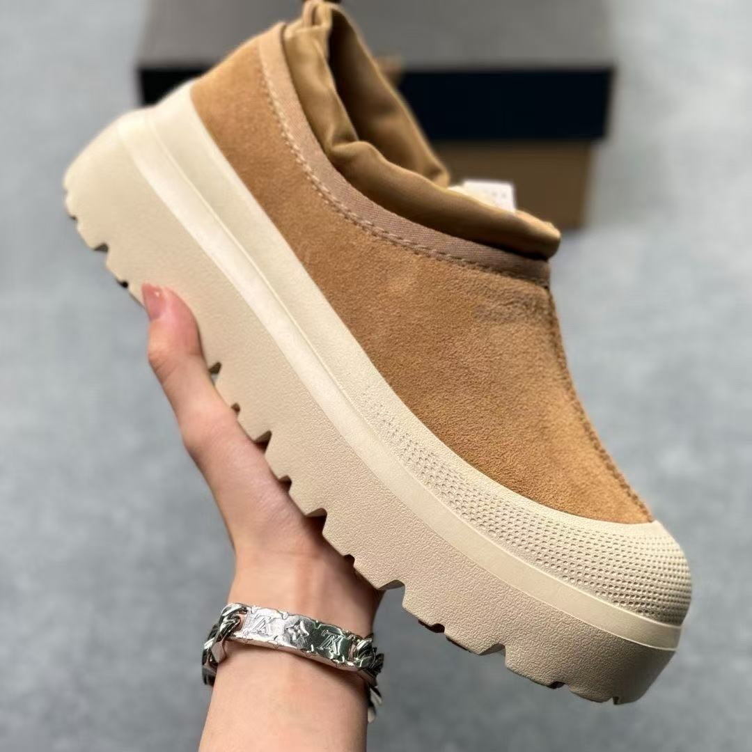 UGG chestnut slip-on clogs with cream platform sole