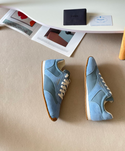 Prada blue low-profile sneakers with gum sole