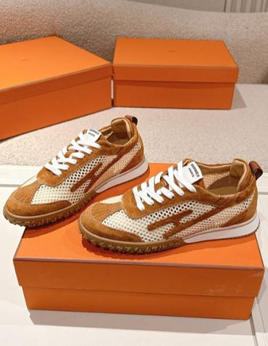 Hermes tan and white patterned sneakers