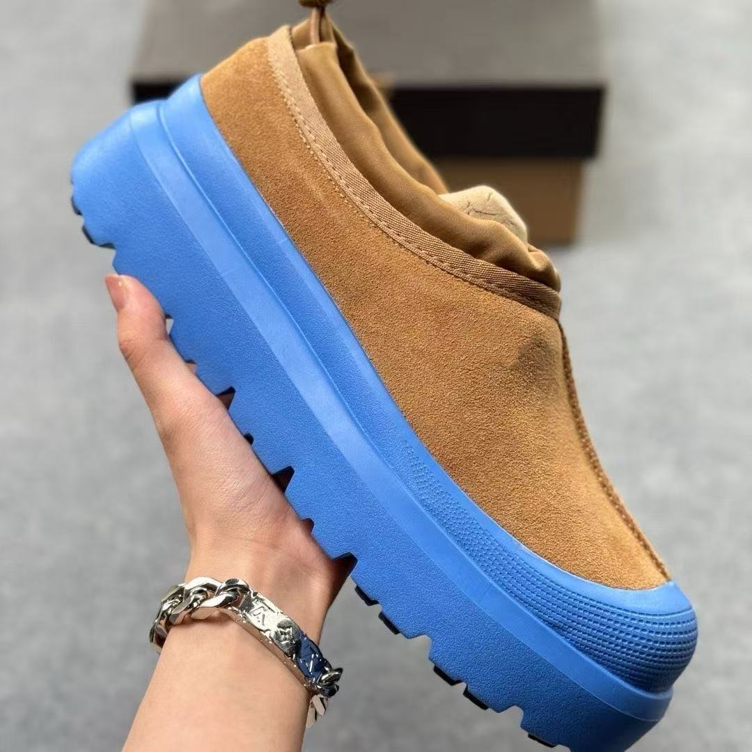 UGG chestnut slip-on clogs with blue platform sole