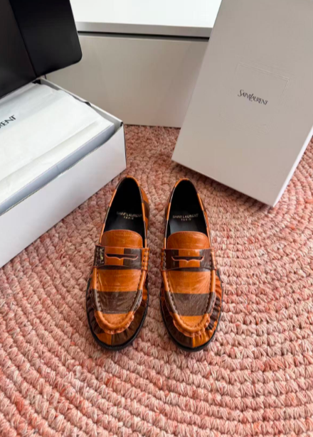 YSL orange and brown patterned loafers