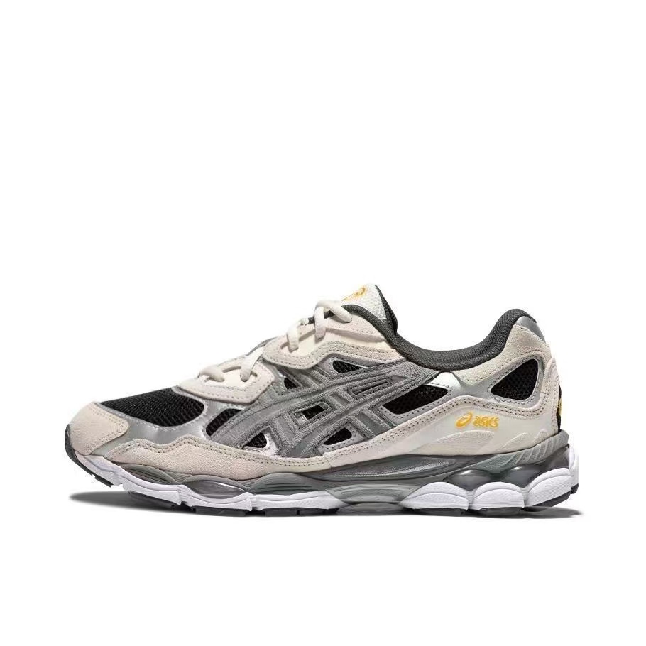 ASICS cream black gold-accent running sneakers